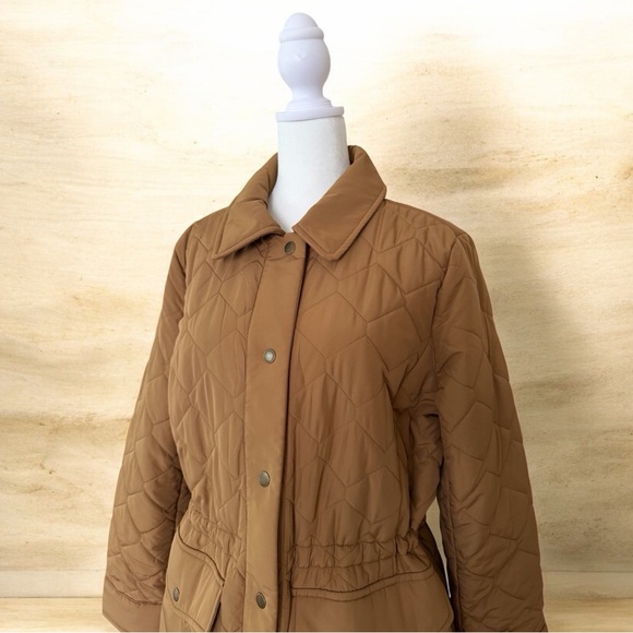 Talbots Tan Quilted Snap Button Cinch Waist Midi-Length Coat Size Large Petite - Picture 7 of 14